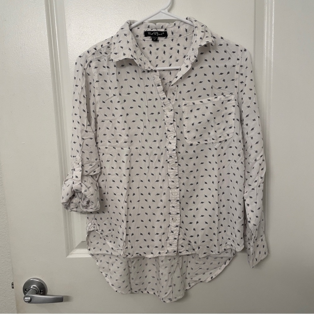 White Button-Up Black Feather Patterned Shirt